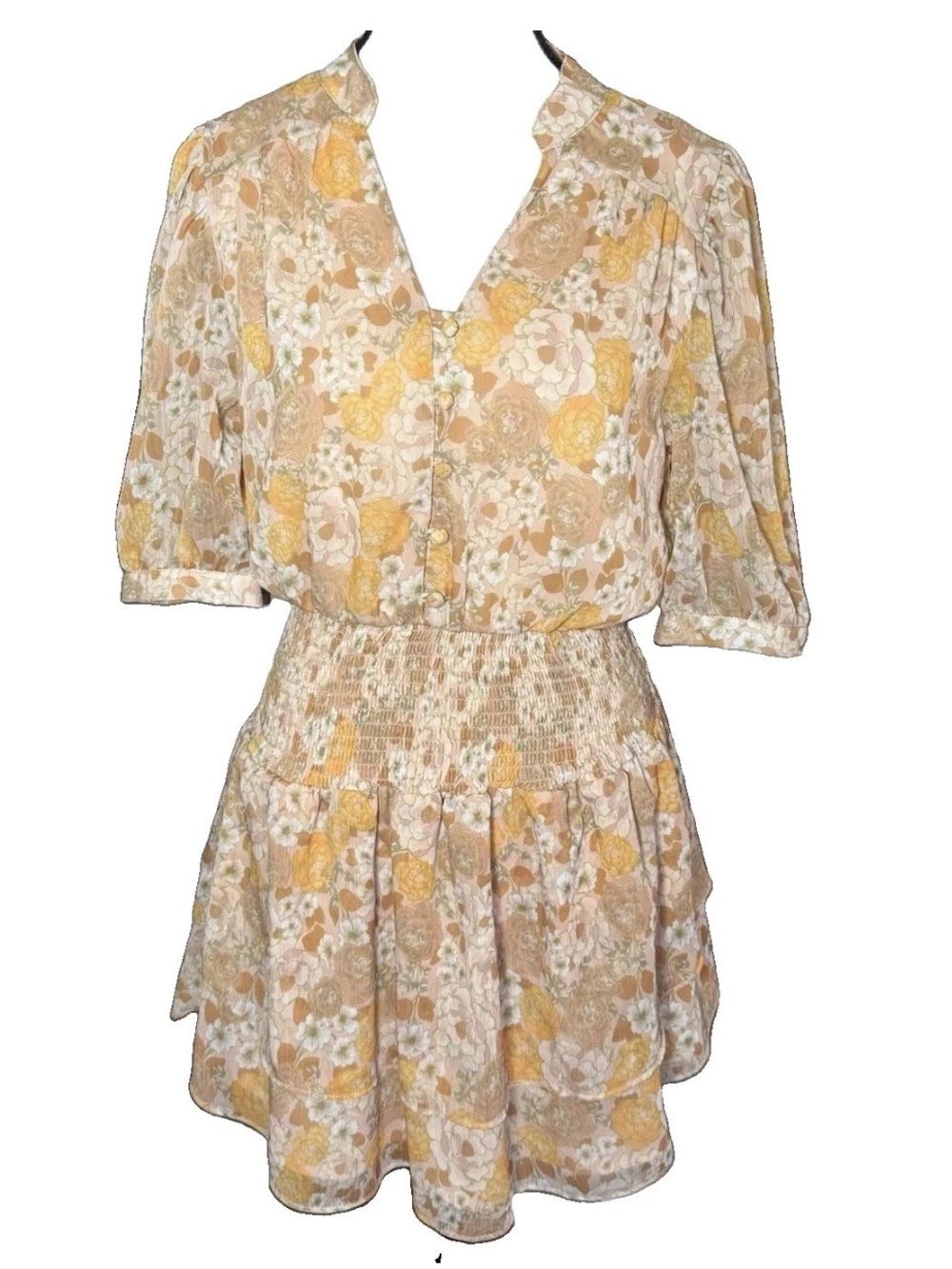 AQUA Bloomingdale's Floral Mini Dress Medium Yellow Smocked Waist V-Neck Tiered